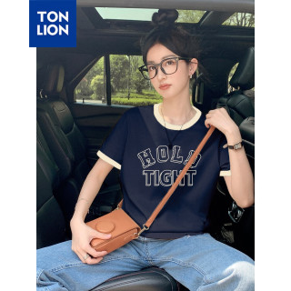唐狮 TONLION2024女圆领撞边前胸字母短袖T恤WP 藏青 M