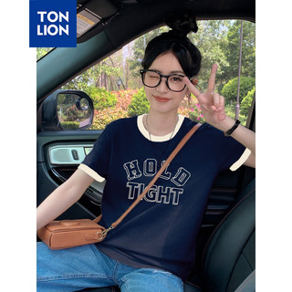唐狮 TONLION2024女圆领撞边前胸字母短袖T恤WP 藏青 M