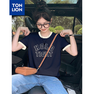 唐狮 TONLION2024女圆领撞边前胸字母短袖T恤WP 藏青 M