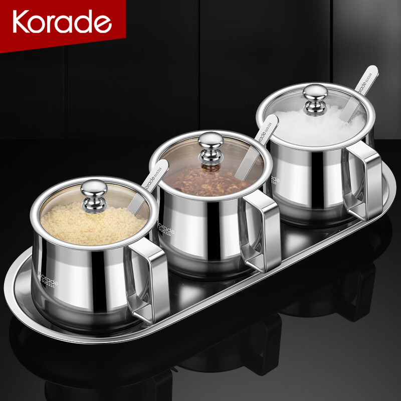 korade带盖316不锈钢调料罐套装家用鸡精油盐佐料盒加厚厨房高端调味罐 316调料罐带柄【3个装+底座】