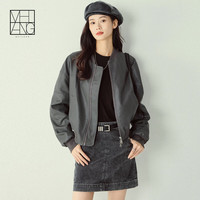 美洋(MEIYANG)哈林皮夹克复古帅气分割拼接短款廓形棒球皮衣外套新款百搭皮外套 灰色