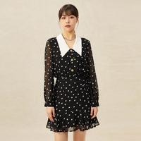 真的好 女装复古高腰法式翻领波点雪纺连衣裙女短款裙子洋装