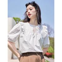 【100%棉衬衫女时尚】圆领镂空花边短袖衬衣女