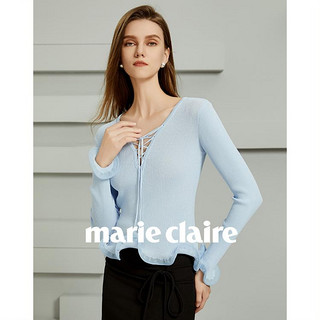 Marie Claire 嘉人 温柔甜美风编织系带领针织衫时尚气质木耳边女式上衣