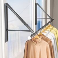 乐持家免打孔折叠晾衣架室内家用隐形飘窗凉伸缩阳台窗户壁挂晾衣杆 枪灰防风晾衣架-两支装+80cm杆