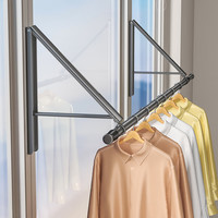 乐持家免打孔折叠晾衣架室内家用隐形飘窗凉伸缩阳台窗户壁挂晾衣杆 枪灰防风晾衣架-两支装+伸缩杆