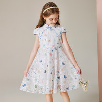 ASK JUNIOR女童儿童表演连衣裙2024夏装薄款复古短袖汉服裙公主裙 白色 1