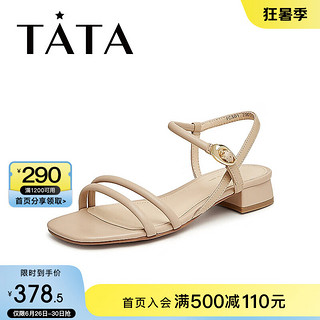 他她（TATA）一字带粗跟凉鞋女鞋银色法式时装凉鞋2024夏7CS01BL4 杏色 40