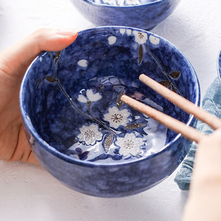 小鹿田烧 蓝樱花合集碗盘碟日式米饭碗拉面碗和风家用陶瓷餐具 蓝樱花12.5厘米圆钵