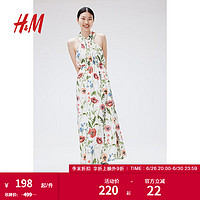 H&M女装连衣裙2024春潮流碎褶宽肩带挂脖无袖露背长裙1221736 白色/花卉 165/96