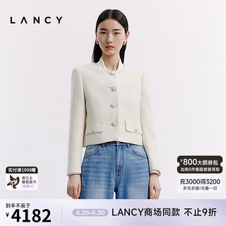 朗姿/LANCY2024秋季精致法式小香风短外套圆领通勤羊毛上衣女 米白色 2XL