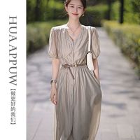 画朴法式复古V领纯色连衣裙女装2024春夏季高档设计抽褶衬衫