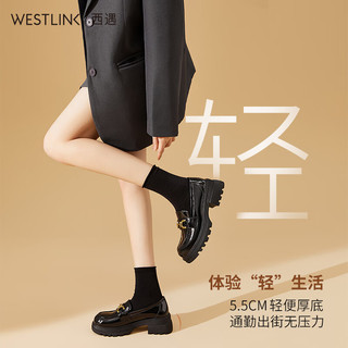 西遇厚底乐福鞋女2024年春季新款英伦风漆皮马衔扣一脚蹬小皮鞋 黑色 
