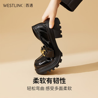西遇厚底乐福鞋女2024年春季新款英伦风漆皮马衔扣一脚蹬小皮鞋 黑色 