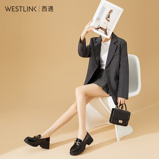 西遇厚底乐福鞋女2024年春季新款英伦风漆皮马衔扣一脚蹬小皮鞋 黑色 