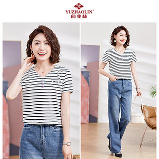 俞兆林中老年女装夏季上衣装条纹短袖T恤小衫Y244T1779 白色 XL（115-128斤）