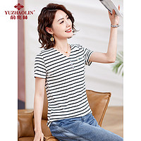 俞兆林中老年女装夏季上衣装条纹短袖T恤小衫Y244T1779 白色 XL（115-128斤）