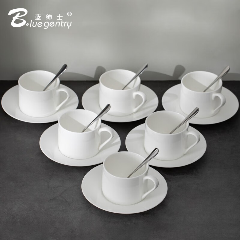 蓝绅士（BLUE GENTRY）咖啡杯碟套装骨瓷杯子英式咖啡杯商用办公陶瓷拿铁水杯时尚简约 简6杯6碟+6勺