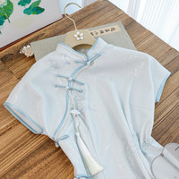 俏娘鱼蓝色提花复古风改良新中式旗袍2024年夏季日常穿年轻款 蓝色(旗袍+压襟) S