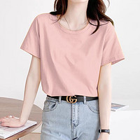 王熙麦夏季短袖t恤女士标准型纯棉体恤休闲正肩打底衫2023上衣潮 纯粉色 XL115-125斤
