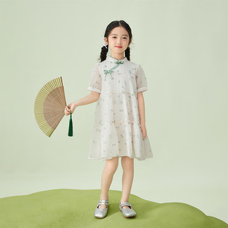 茵曼童装女童中式立领国风连衣裙2024夏季中大童轻薄透气甜美长裙 浅绿色 120cm