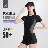 Keep泳衣女士专业连体平角游泳衣竞速保守大码温泉泳装047 黑色 XL XL【身高174-179体重60-65kg】
