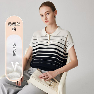 Zhaojun 兆君 法式条纹桑蚕丝撞色Polo领针织打底衫24春夏短袖女式T恤