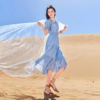 X.YING 香影 v领蓝色连衣裙女2024夏季新款木耳边系带高腰海边度假风裙子