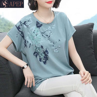 APEP夏季纯棉女装中老年短袖T恤女夏装宽松上衣大码中年妈妈半袖t桖夏