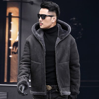 巴宝朗原生态皮毛一体男装真皮皮衣短款带帽夹克两面穿连帽皮草外套 灰色 175/XL