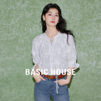 百家好(Basic House)立体小花衬衫甜美系带花边短袖B0624B5C692 白色