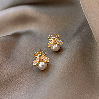 恋人岛 925银针小蜜蜂珍珠耳钉韩国设计耳环简约小巧可爱时尚耳饰女 金色蜜蜂
