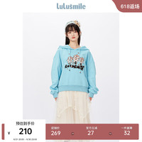lulusmile 春季时尚 纯棉连帽宽松印花卫衣 湖兰色