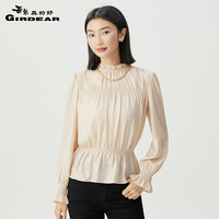 哥弟真的好DEEP BREATH深呼吸气质木耳边收腰长袖荷叶边衬衫A301517 杏 XL (5码)