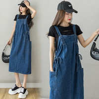 乌拓背带裙牛仔夏天装夏季宽松大码中长款收腰休闲连衣裙春秋孕期 5005#深蓝色-单裙 可收腰 S