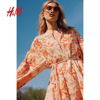 H&M女装连衣裙2024夏季 结腰带中式领灯笼长袖短裙1229587 珊瑚红/花卉 155/80 XS