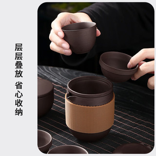 陶福气紫砂旅行茶具套装便携式泡茶器家用户外出差露营旅游茶壶快客茶杯 紫砂猫耳快客杯（1壶4杯）