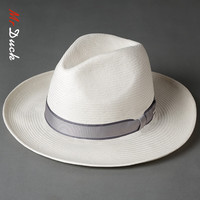 Mr DUCK日本面料 手工织巴拿马帽子男女款夏天防晒草帽英伦礼帽潮 MS206659-灰色织带款(7CM大边) XL码(61cm以上,特大头围才拍)