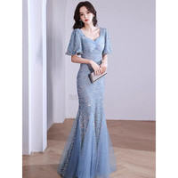 诺丽缇(NUOLITI)蓝色晚礼服女2024高端名媛宴会气质优雅鱼尾主持人连衣裙年会 蓝色长款 M