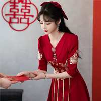 塞德勒中式敬酒服新娘酒红色结婚回门晚礼服女平时可穿显瘦 酒红色 定做尺寸不支持退换货