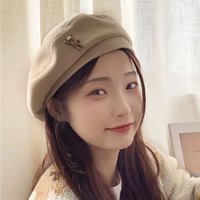 叕二叕 韩版小熊日系复古卡通棕色毛呢贝雷帽女秋冬帽子气质画家帽男 奶茶色