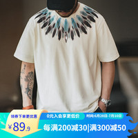 马登 MADEN工装 印第安民族风印花T恤男重磅纯棉圆领短袖夏季宽松透气半袖衫 米白色