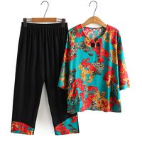 音藻60到70岁奶奶装夏季老年人衣服夏装中老年女T恤老人老太太 花色一【中袖T恤+9分裤子】套装 3XL 【115斤-135斤】
