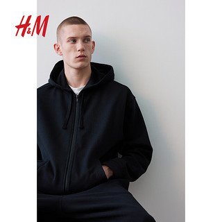 H&M男装卫衣休闲美式外套简约拉链连帽衫1011890 黑色 170/92A