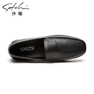 沙驰（SATCHI）男鞋 镂空休闲皮鞋男豆豆鞋乐福鞋驾车鞋 752143091Z 黑色