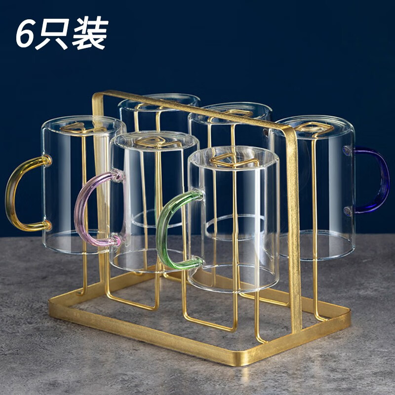 瑜品佳 玻璃杯 水杯套装家用加厚耐热泡茶杯带把手客厅一人一杯茶杯 300ML【六色六只装】杯架另购