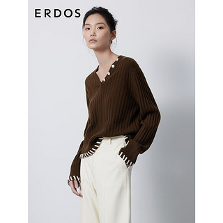 ERDOS 23早秋V领抽条直身宽松简约摩登高级感女套衫羊绒衫 初绒 深咖啡 165/88A/L