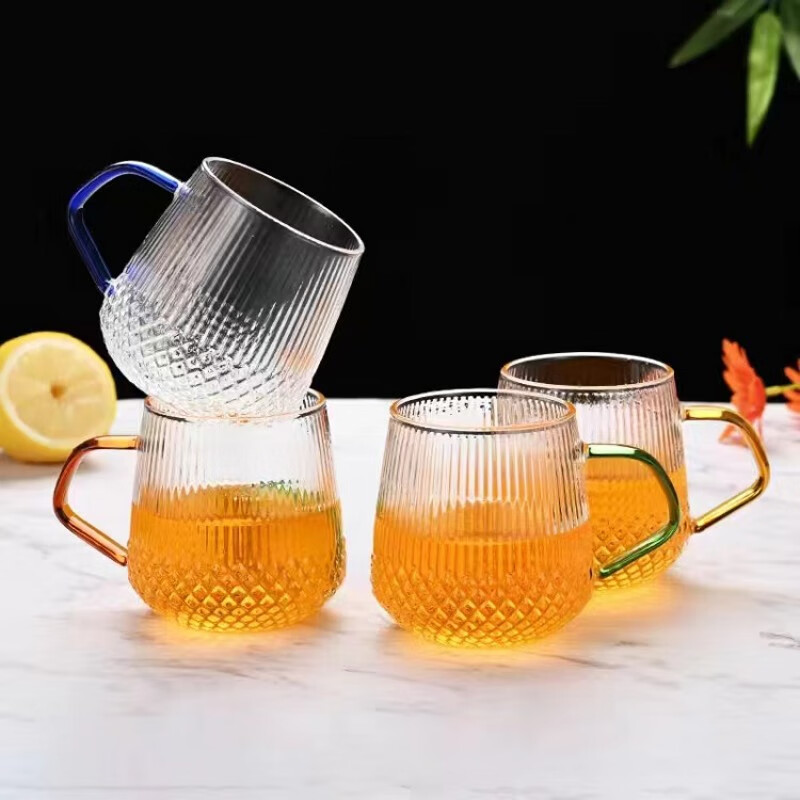 源淘窑 轻奢钻石玻璃杯子高颜值茶杯低温水杯套装带把六角彩色杯茶具 半夏水杯蓝+红+金+绿4只