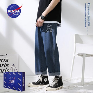 NASA BASE潮牌联名牛仔裤男女款夏季薄款宽松直筒青少年大码休闲裤子男 617浅蓝+617蓝色（两件装）  4XL(180-200斤）
