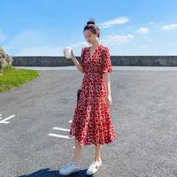 FSHE红色碎花雪纺连衣裙女2024年夏季新款韩版气质中长款a字沙滩裙子 红色碎花裙